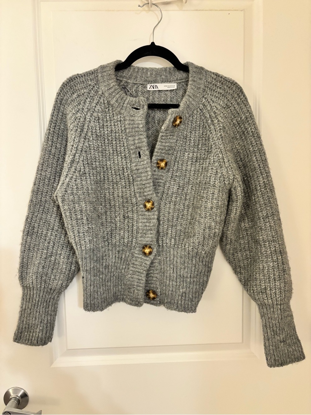 ZARA Gray Ribbed Chunky Cardigan with Gold Buttons